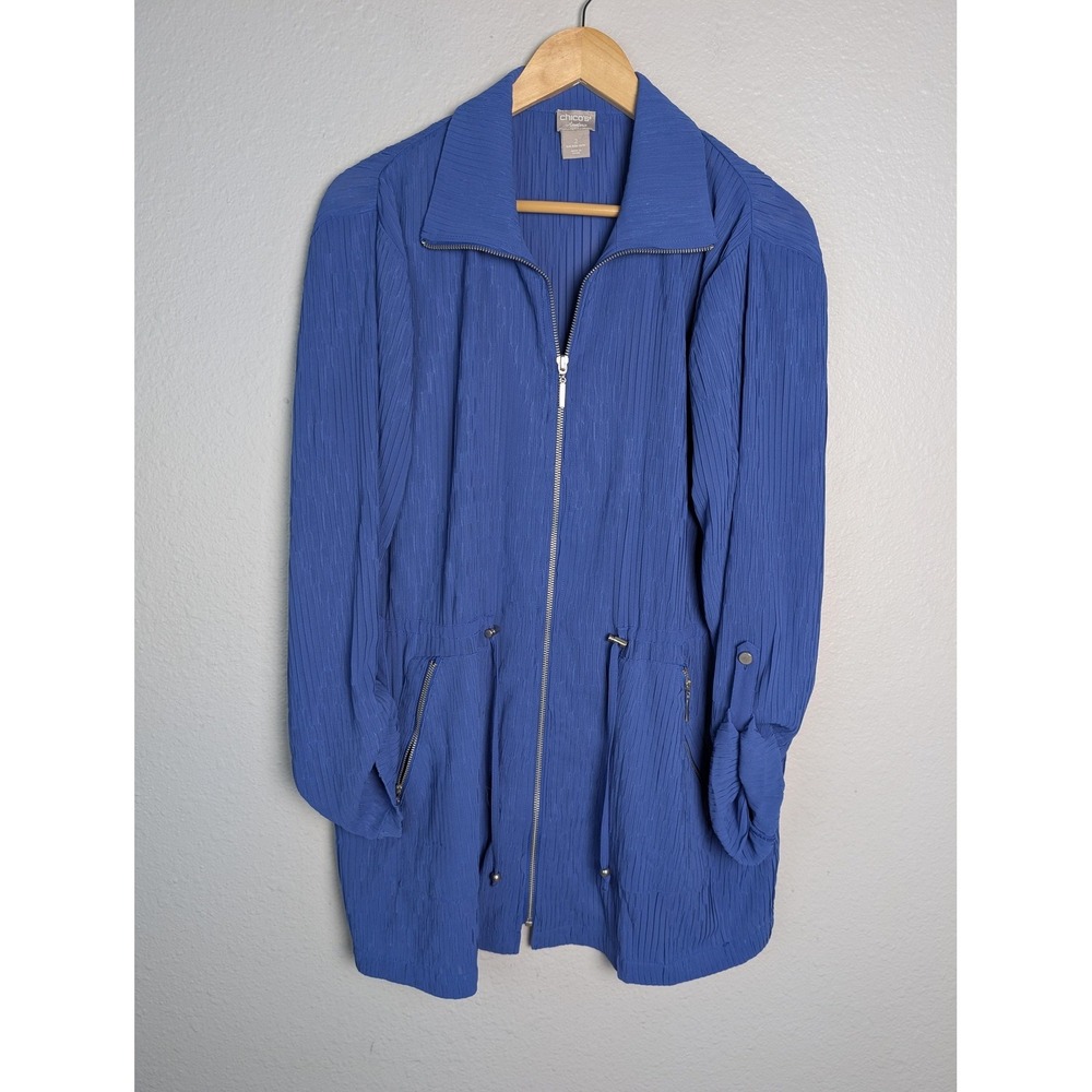 Chico's Jacket Womens 2 Blue Crepe Mid-Length Collared‎ Full Zip Pockets